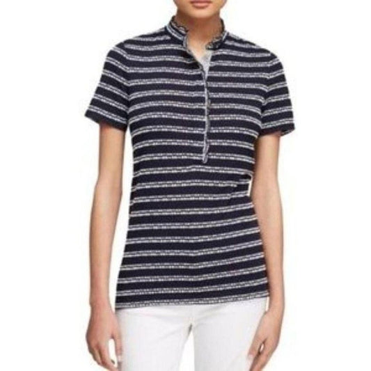 Tory Burch Women's XS Polo Top Navy Black Striped Ruffle Detail Short Sleeve