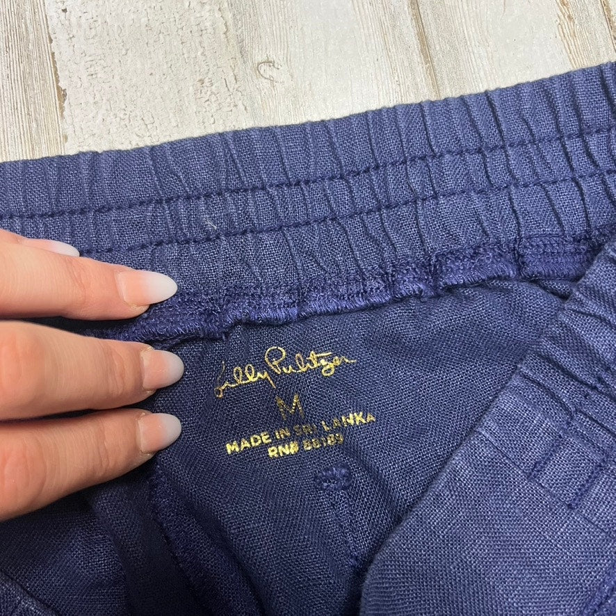 Lilly Pulitzer Women's Medium Navy Blue Wide-Leg Linen Pull On Pants