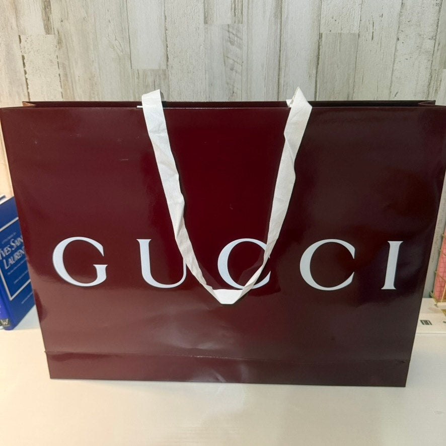 Gucci Burgundy Glossy Shopping Bag White Logo Ribbon Handles Large Tote