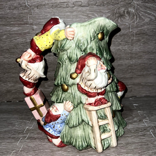 Fitz and Floyd Vintage Christmas Elves Ceramic Pitcher 2 Qt Glossy