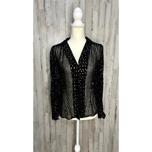 NWT Topshop Women's Black Sheer Blouse Metallic Accents Size 2 Party