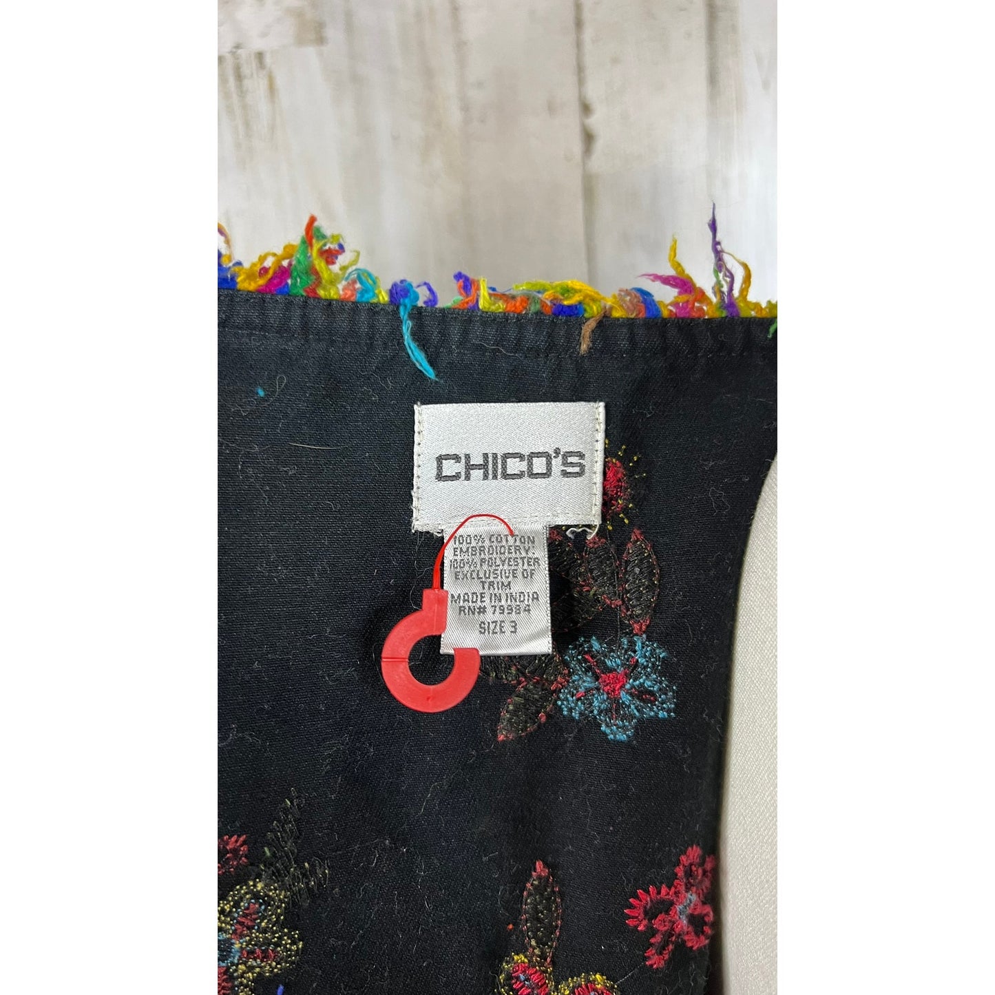 Chico's Women's Black Embroidered Denim Jacket Size 3 Boho Floral Long Sleeve