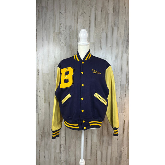 Vintage Bullis Prep Varsity Letterman Jacket Men’s 40 Blue Wool Leather Sleeves