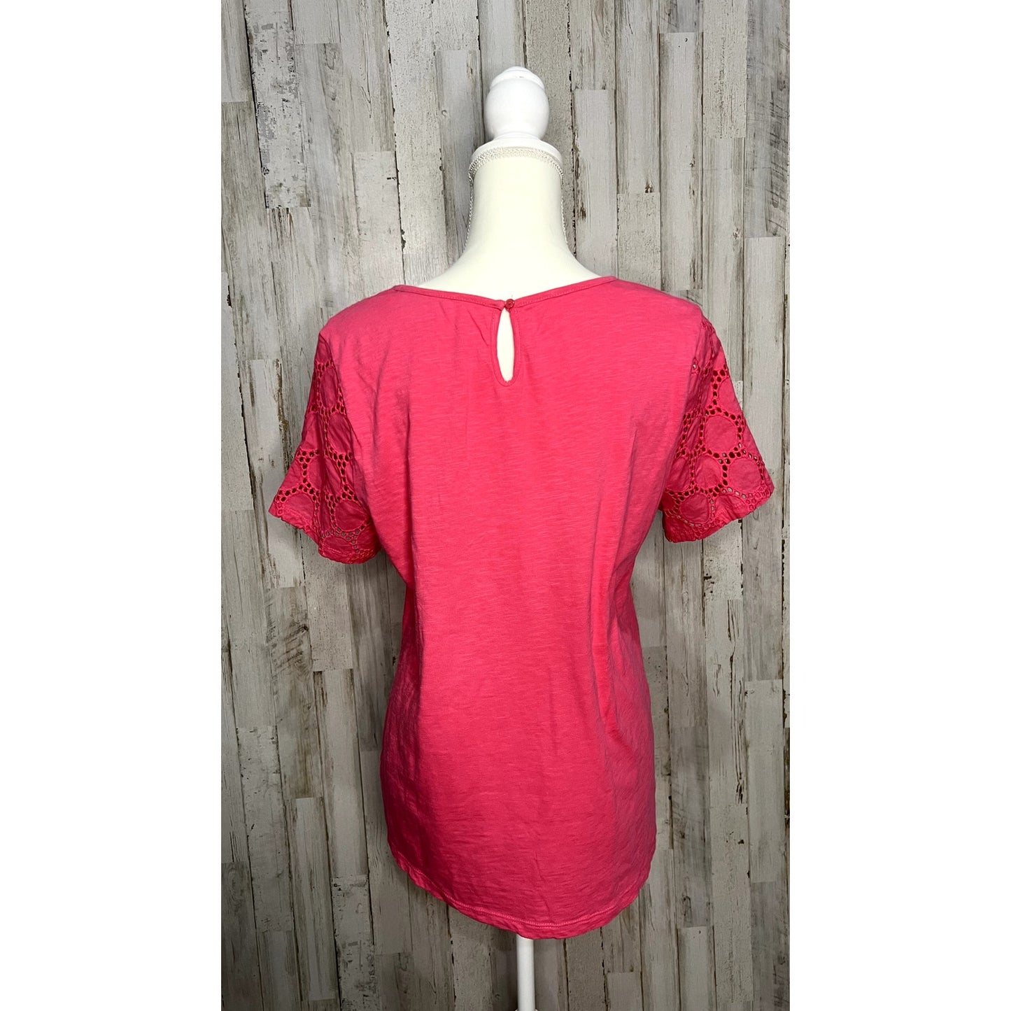 Talbots Women's Pink Eyelet-Yoke Cotton Tee Size Medium Short Sleeve Casual