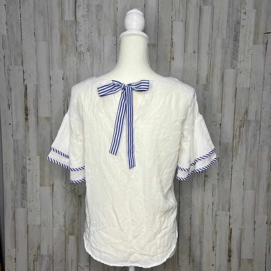 Polagram Women's White Bell Sleeve Blouse Blue Stripe Trim Size Small