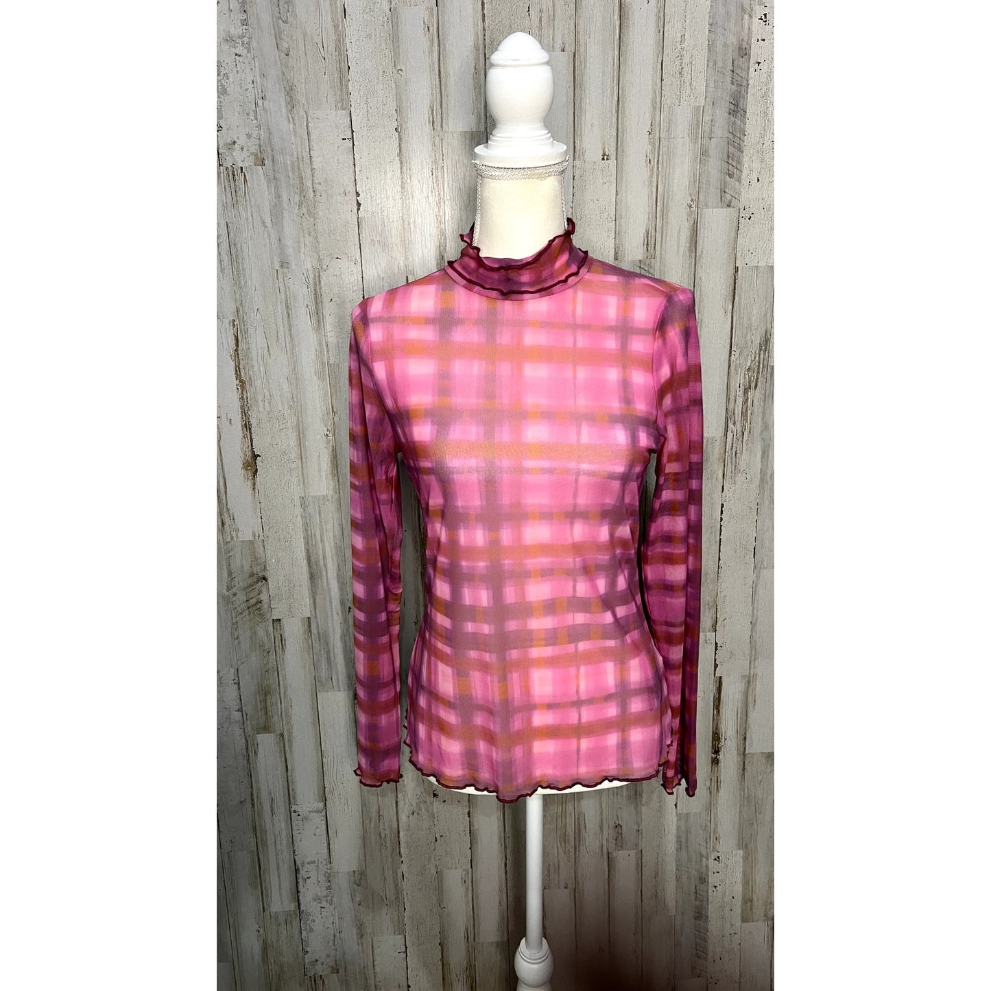 NWT Pilcro Women's Pink Plaid Mesh Turtleneck Top Petites Medium Long Sleeve