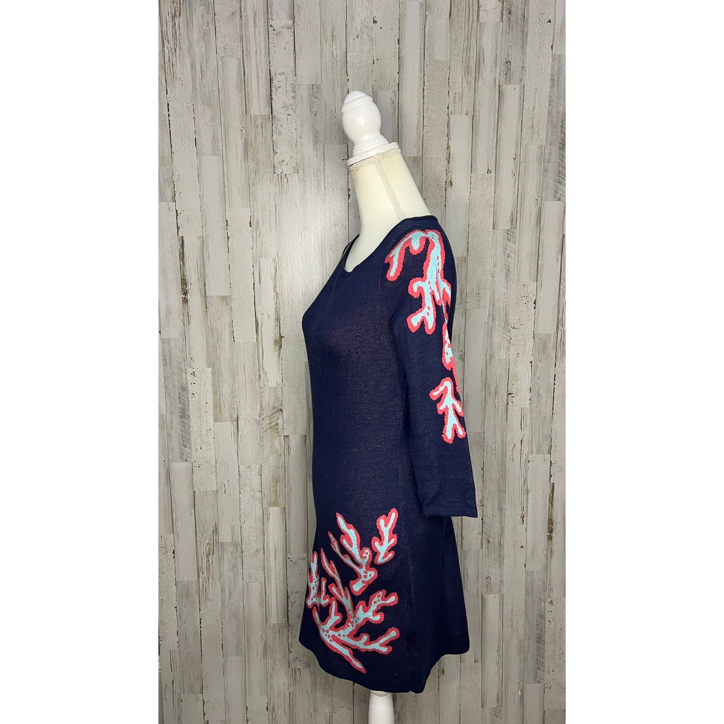 Lilly Pulitzer Women's XS Blue Sweater Dress 3/4 Sleeve Coral Pattern