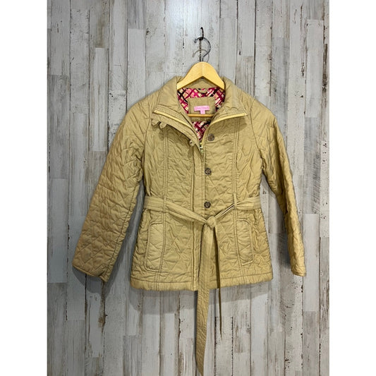 Lilly Pulitzer Women's Quilted Jacket Beige Belted Mid-Length Size 0