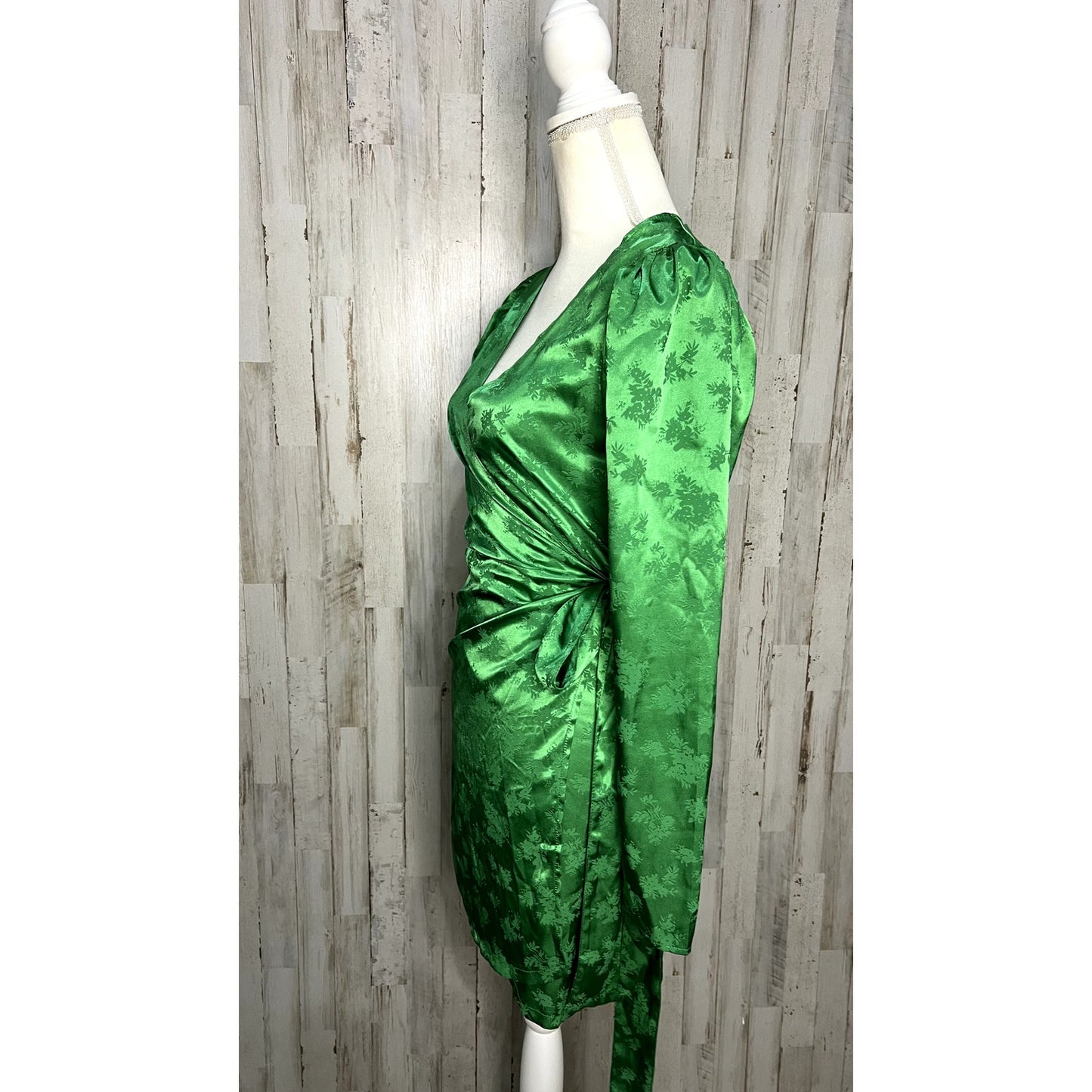 Zara Women's Green Satin Kimono Wrap Midi Dress Size Small Party Cocktail