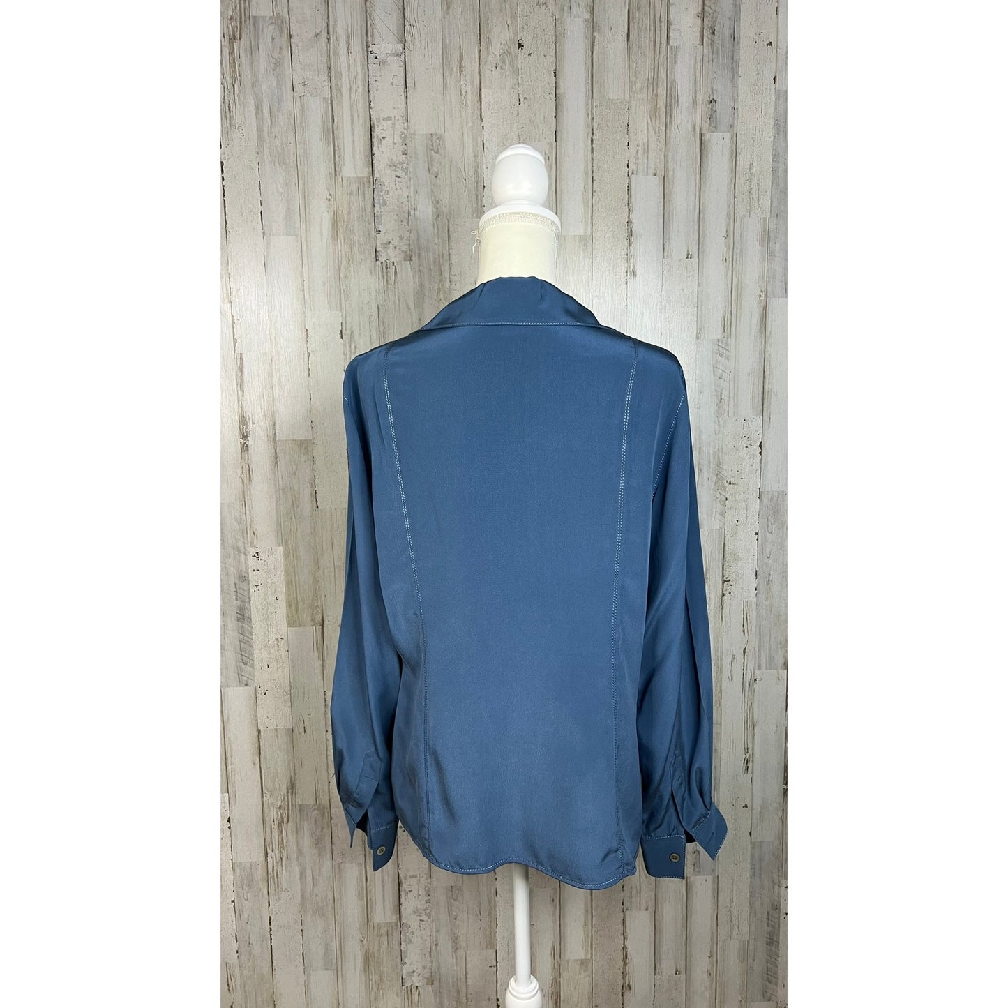 Vintage Katherine Kelly Women's Blue Silk Long Sleeve Blouse Size 14 Casual