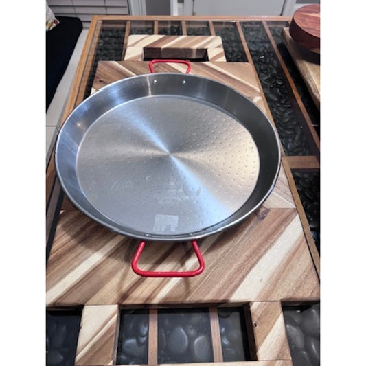 Garcima Paella Pan Silver Round Dimpled Base Red Dual Loop Handles