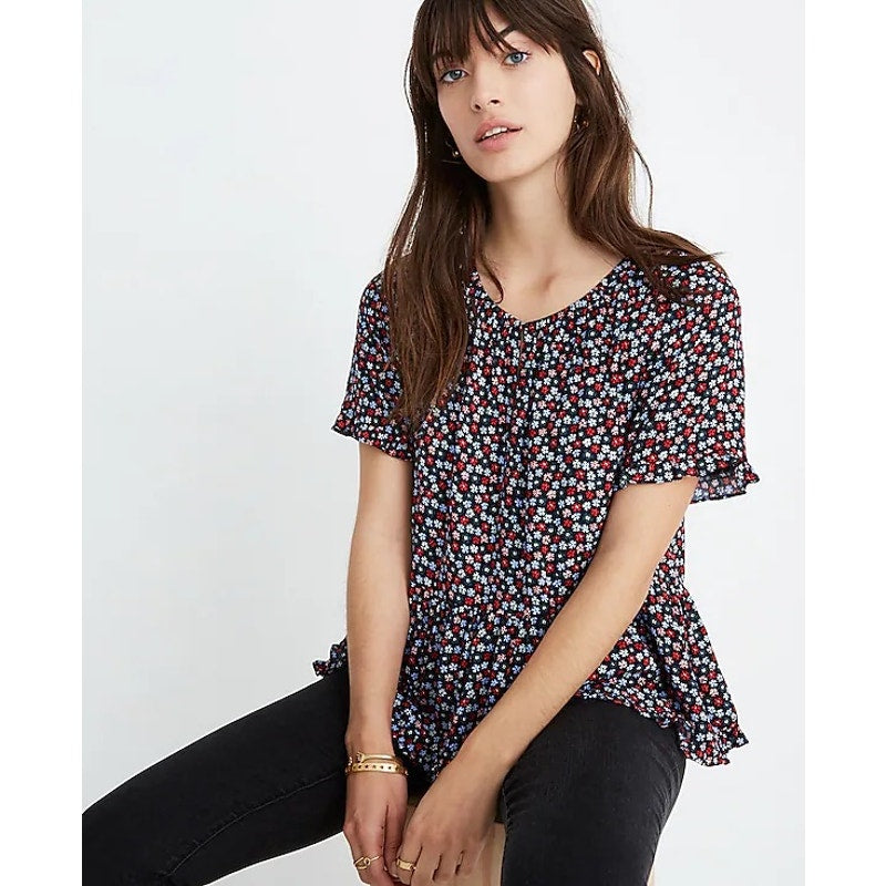 Madewell Women's XS Stanza Ruffle-Hem Short Sleeve Casual Floral Blouse