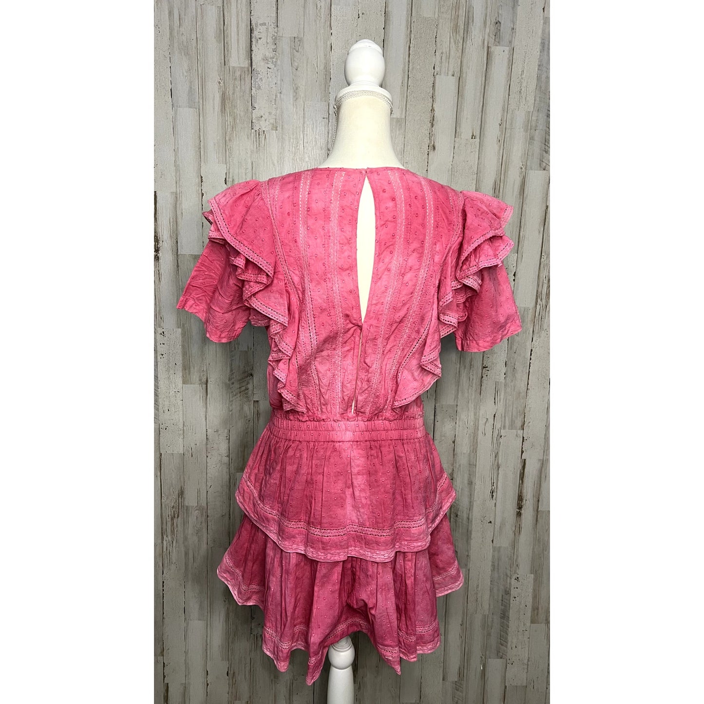 LoveShackFancy Natasha Mini Dress Women's Size Large Pink Ruffle Scoop Neck