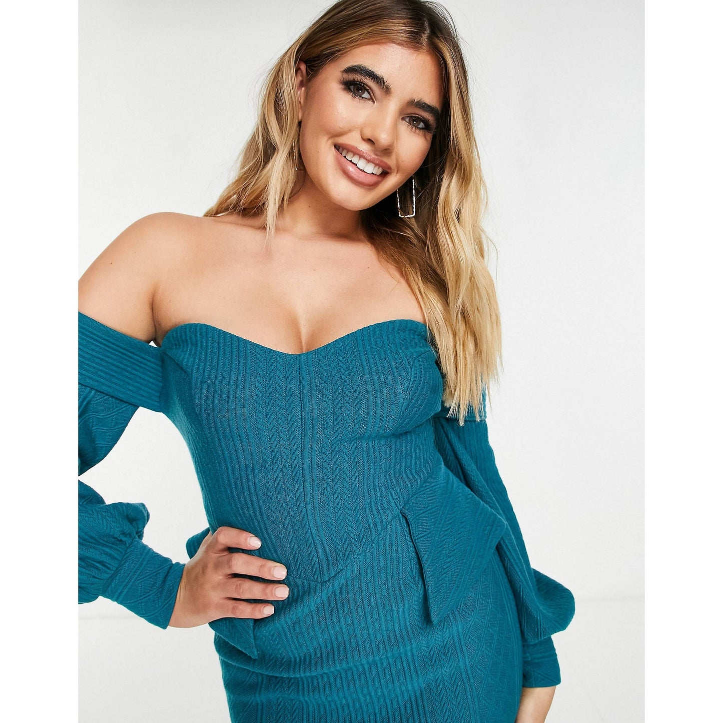 ASOS DESIGN Women's Off Shoulder Cable Knit Pencil Midi Dress Teal Size 4