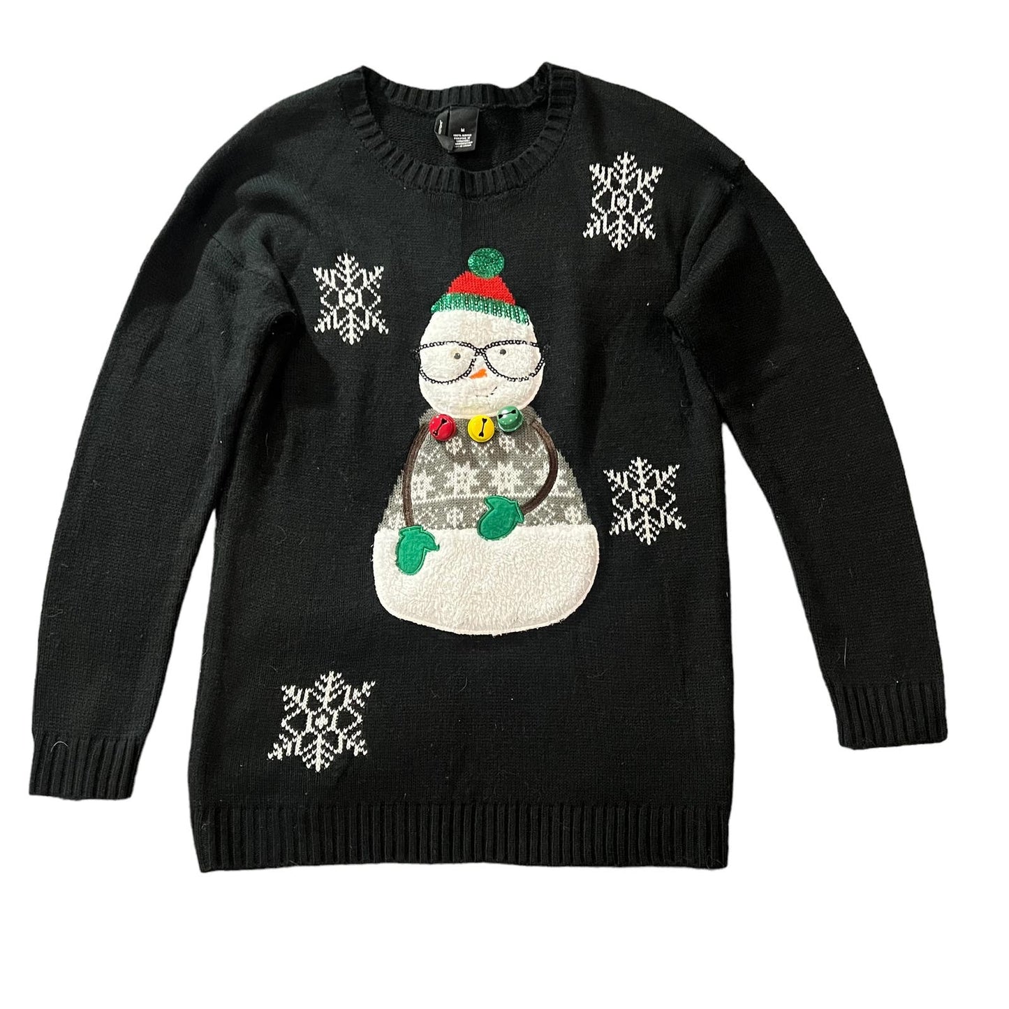 New Directions Women's Medium Black Sequined Snowman Holiday Christmas Sweater