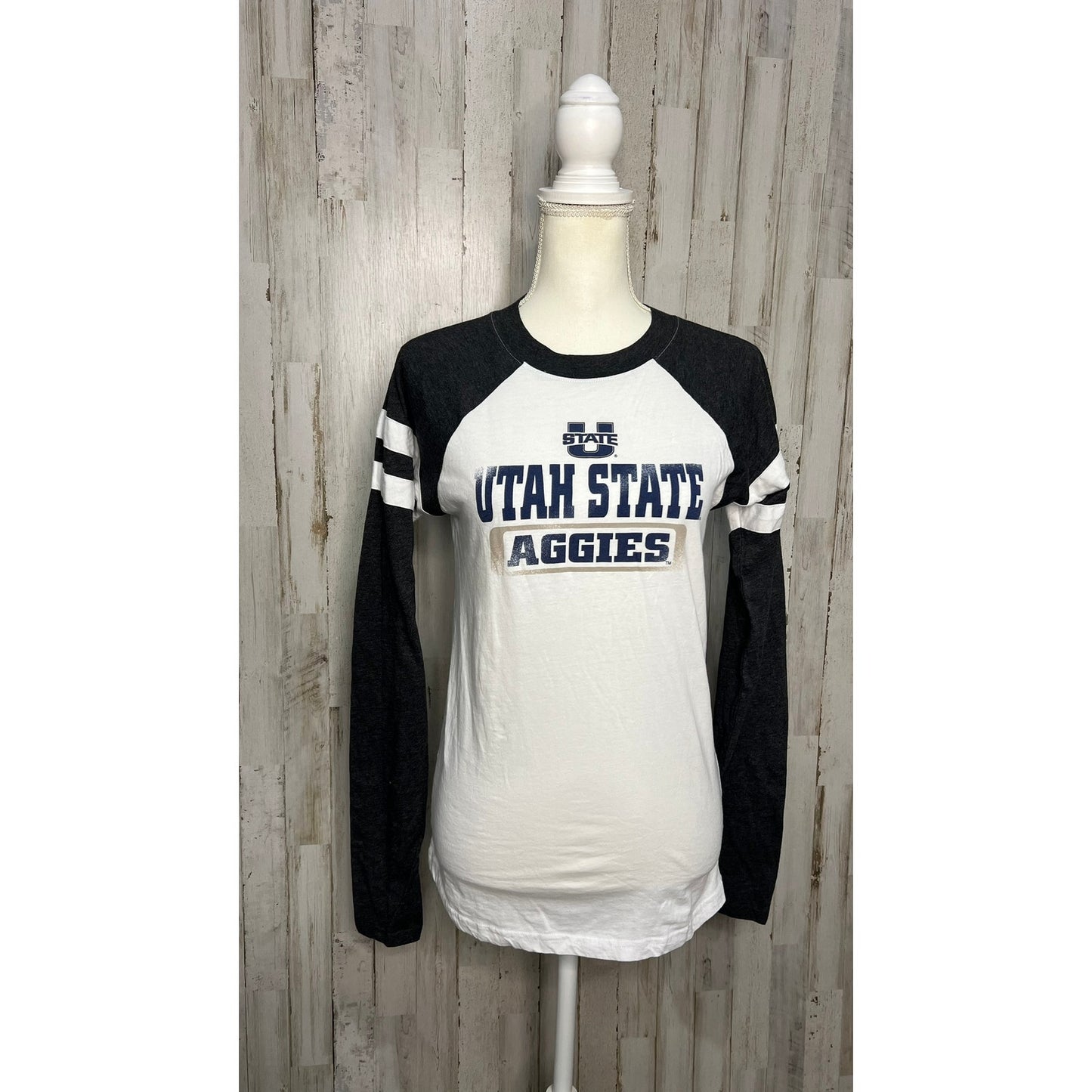 Utah State Aggies Women's XS White/Navy Raglan Baseball Tee Long Sleeve