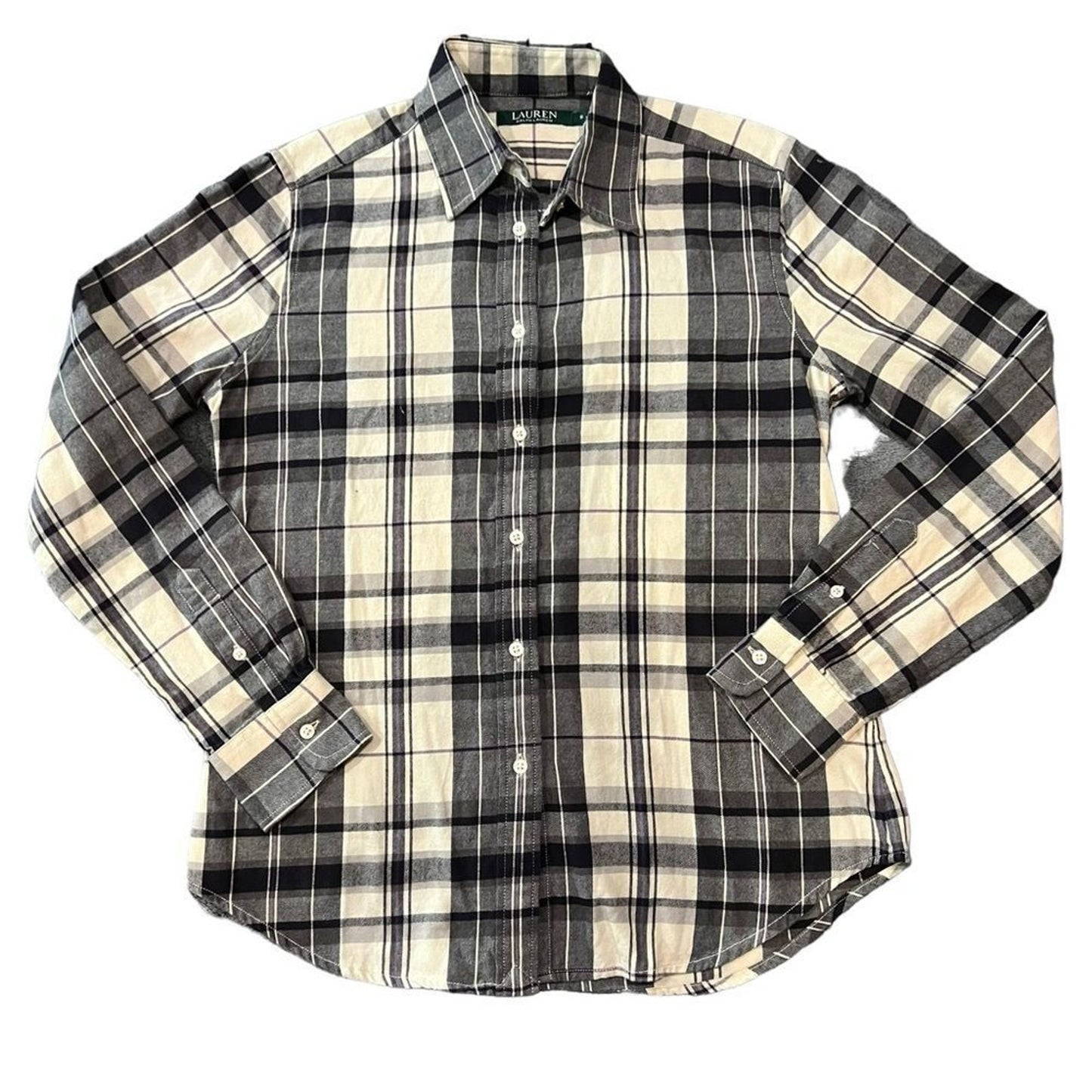 Lauren Ralph Lauren Button-Up Shirt Womens Size Small Plaid Black Cream Long
