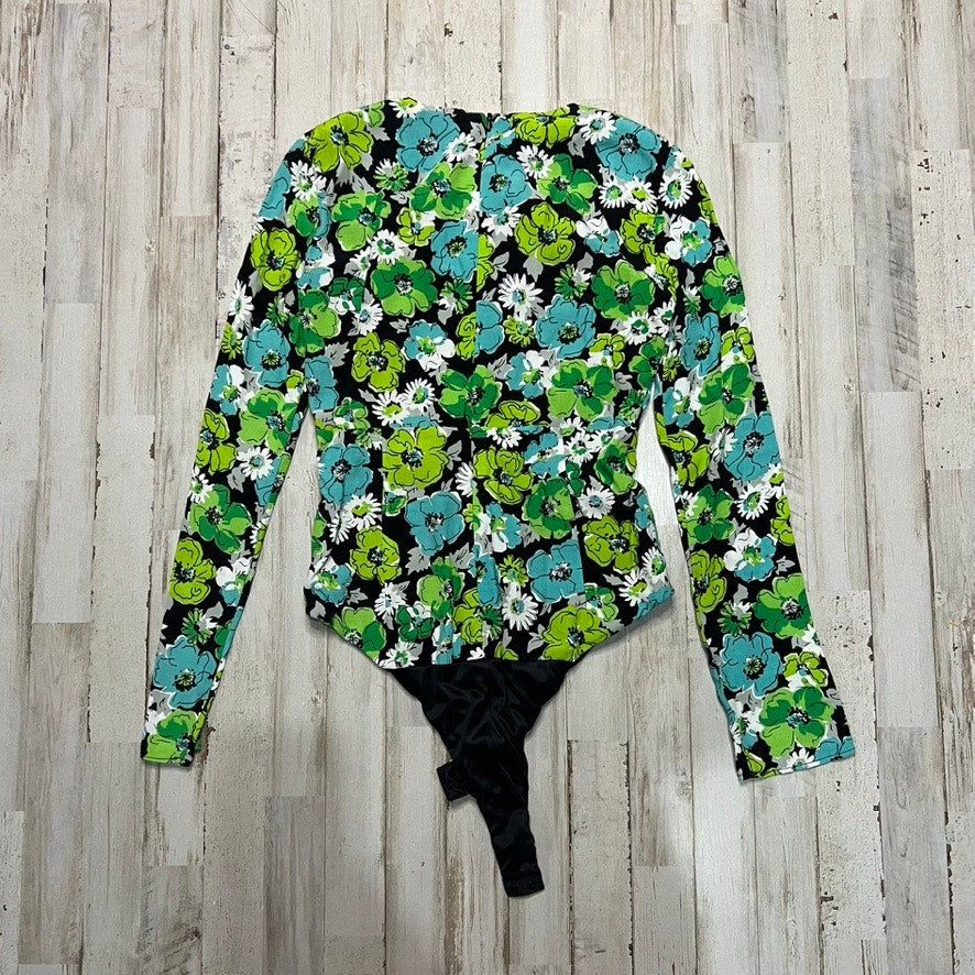 NWOT ZARA Women's XS Green Floral Draped Long Sleeve Bodysuit