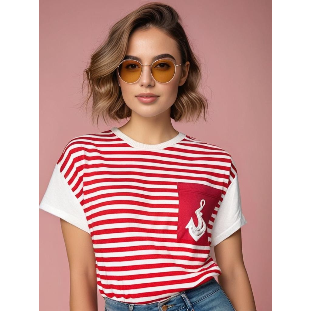 Vintage 80s Shadowline Women's Medium Red/White Nautical Striped Anchor T-Shirt