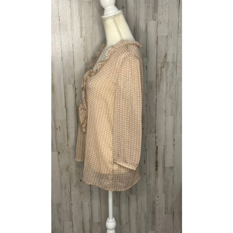 Gap Women's Beige Houndstooth Ruffle Blouse Size Small Casual 3/4 Sleeve