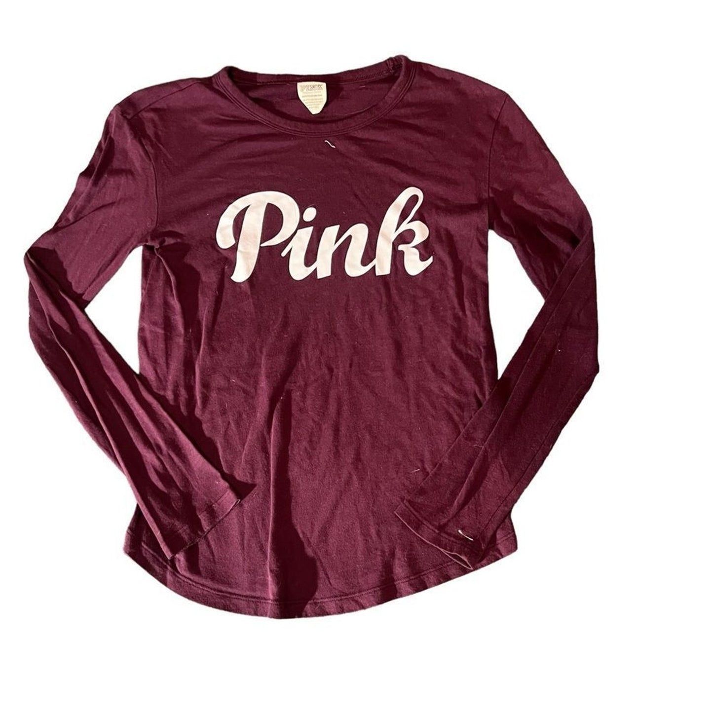 Victoria's Secret PINK T-Shirt Womens XS Burgundy Maroon Long Sleeve Logo