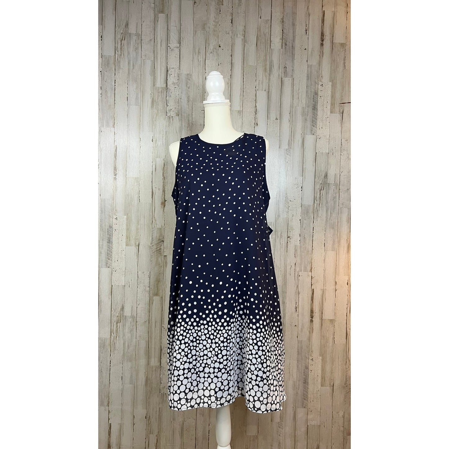 NWT Studio One Women's Size 16 Navy & White Sleeveless Polka Dot A-Line Dress