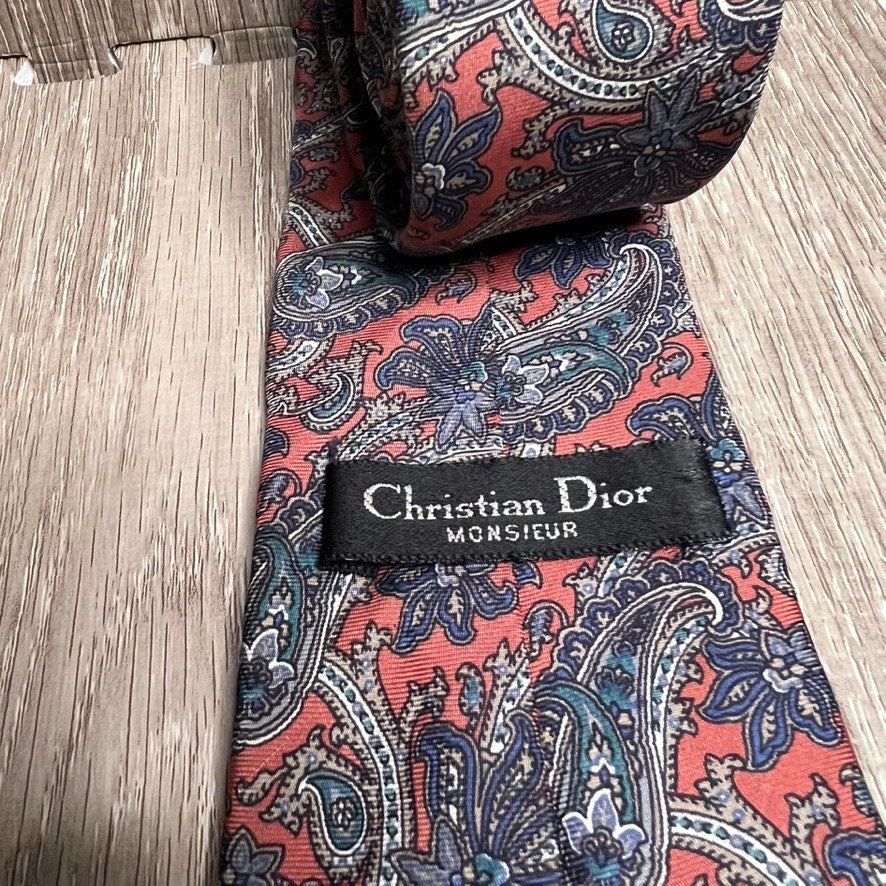 Christian Dior Monsieur Vintage Silk Tie Red Blue Paisley Men's