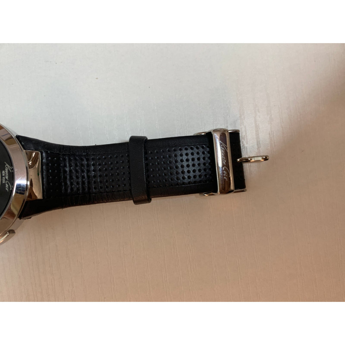 Kenneth Cole Mens Digital Watch Round Silver Black Perforated Leather Not Tested