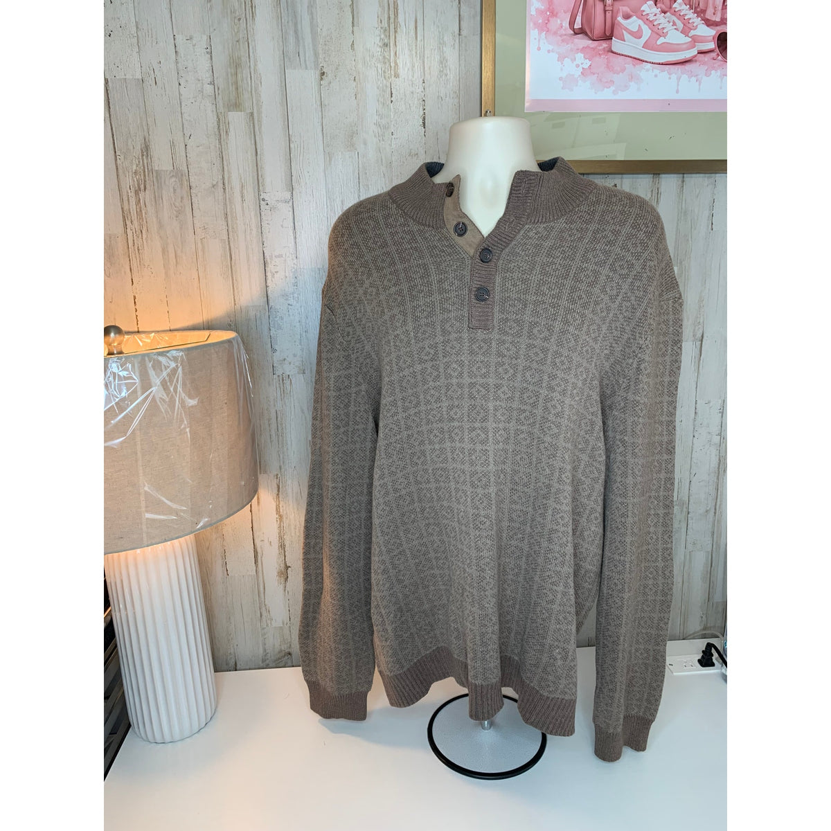 NWT Tasso Elba Sweater Mens 2XL Brown Textured Knit 3-Button Mock Neck