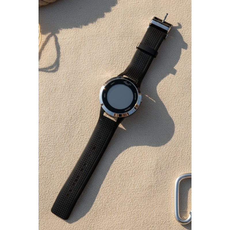 Kenneth Cole Mens Digital Watch Round Silver Black Perforated Leather Not Tested