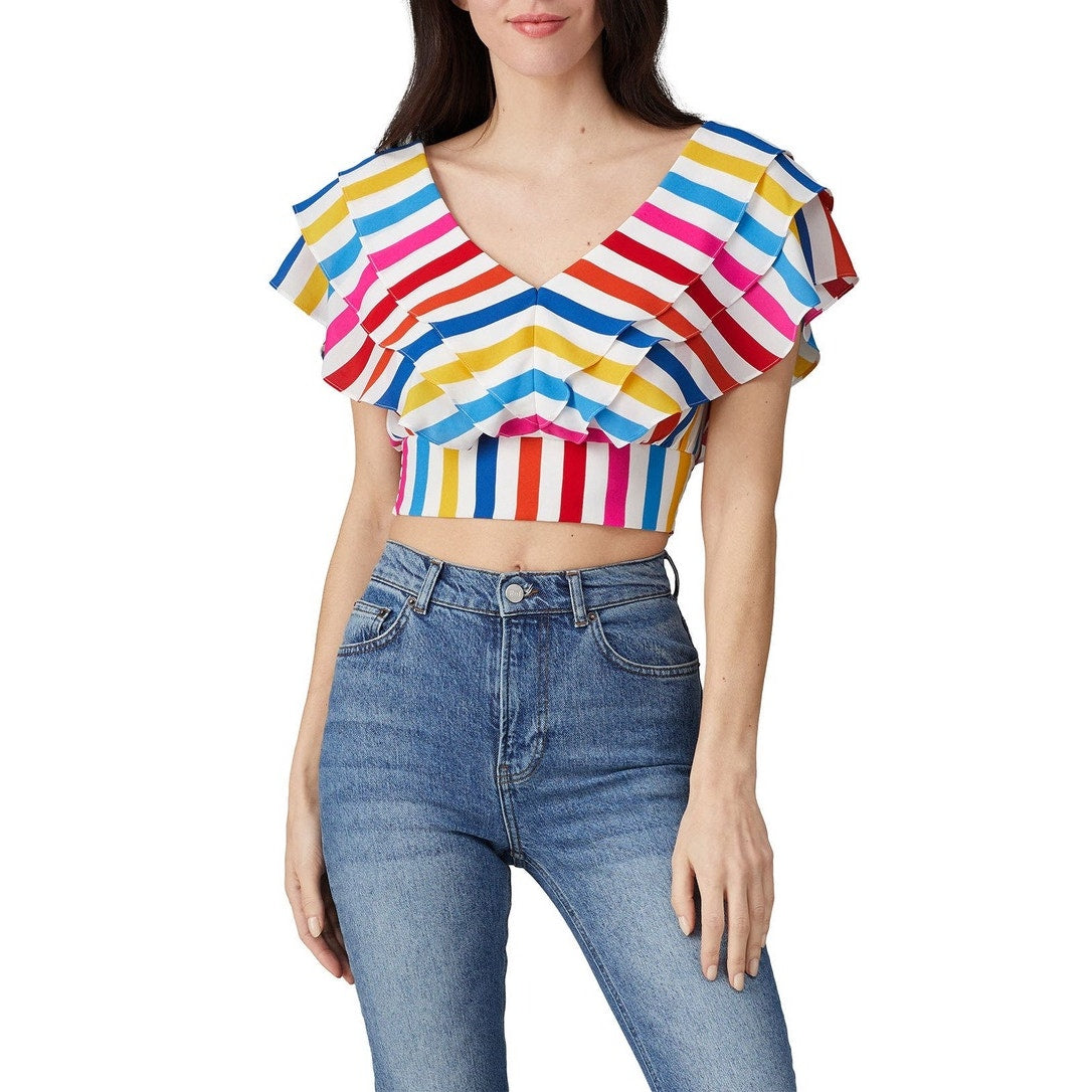 Color Me Courtney Women's Size 0 Rainbow Stripe Holly Ruffle Crop Top