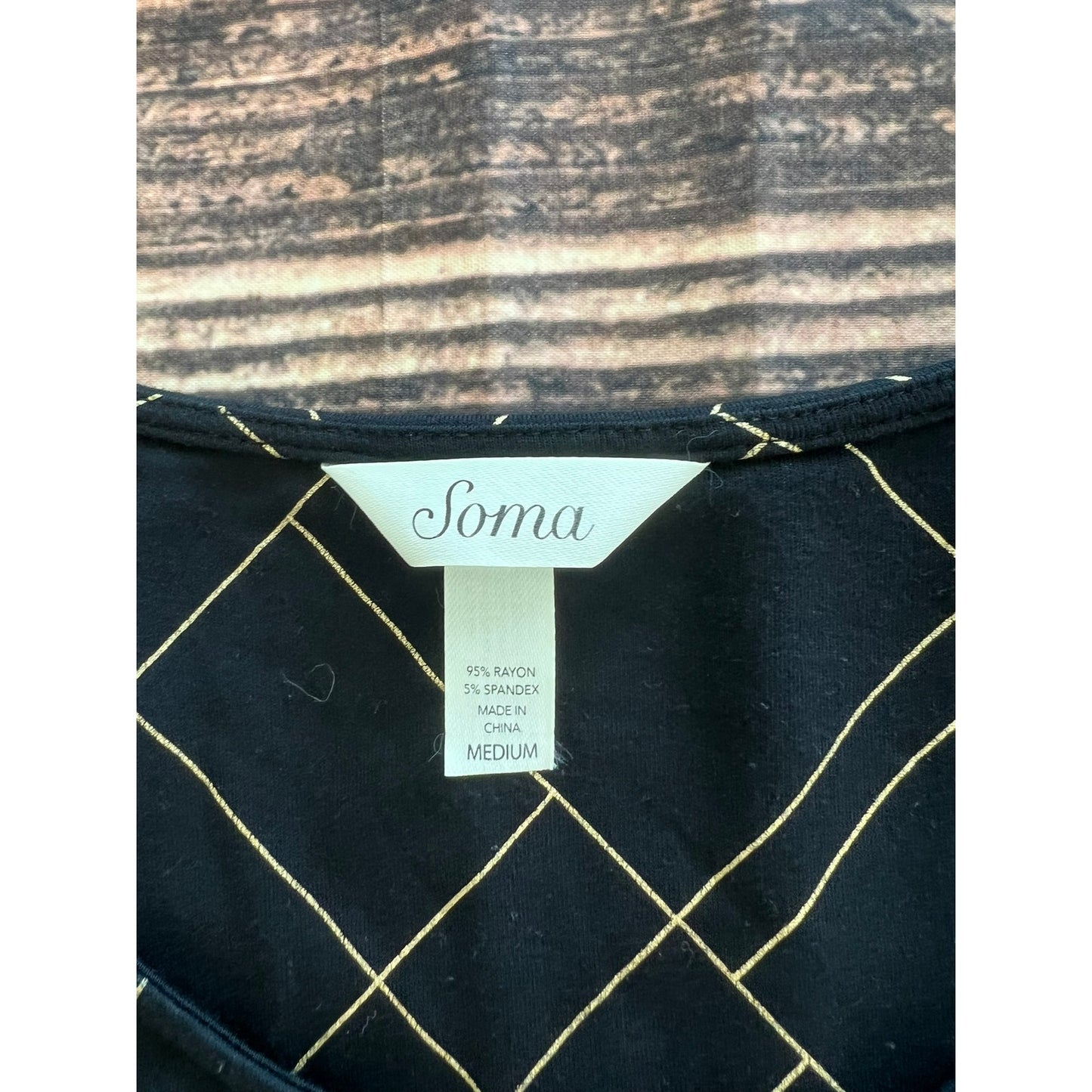 Soma Women's Medium Black & Gold Geometric Print 3/4 Sleeve Tunic Blouse