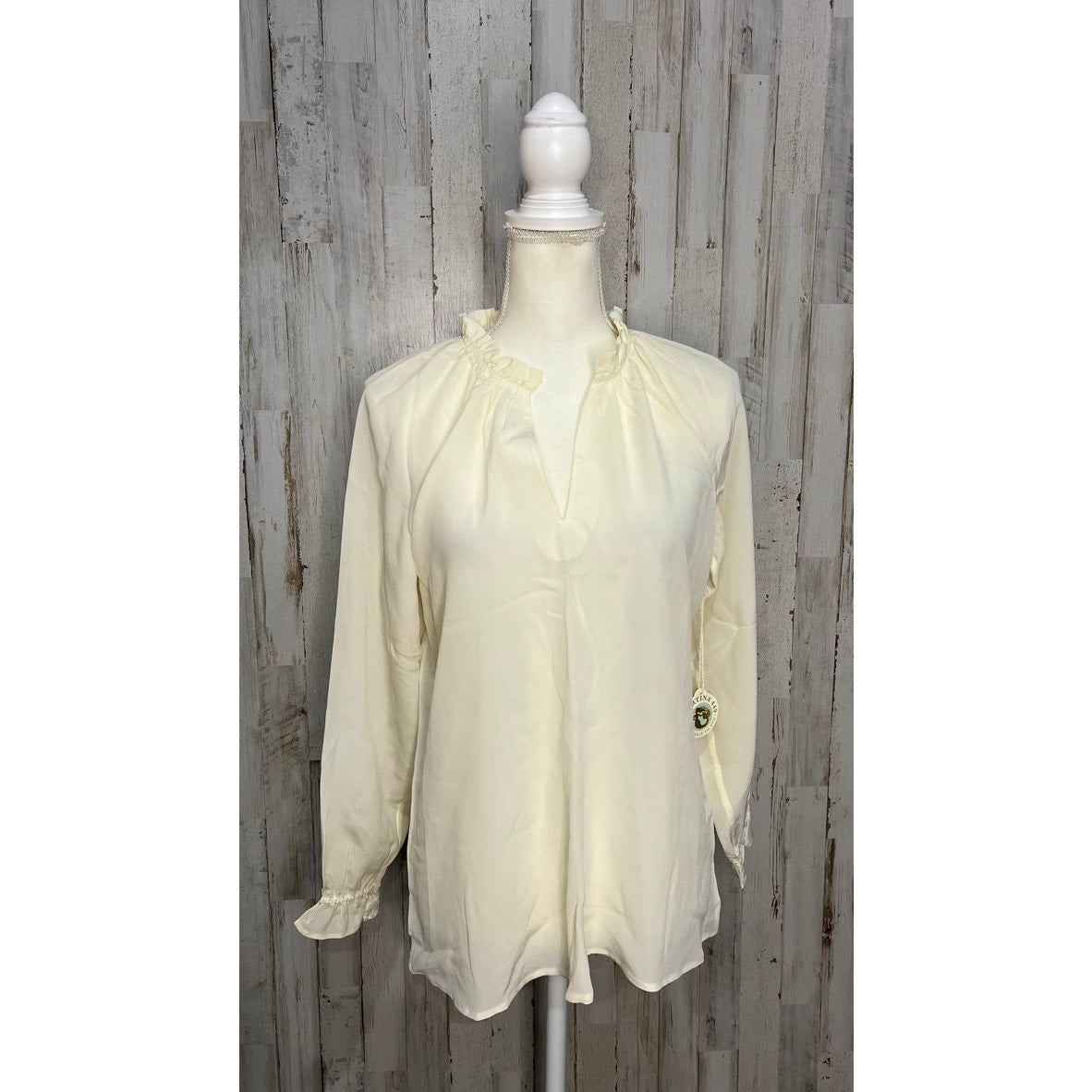 NWT Spartina 449 Women's Ivory Ruffle Neck Long Sleeve Blouse Size Small Casual