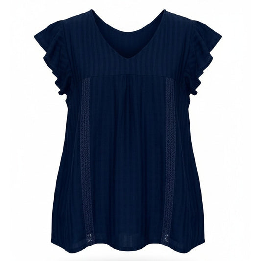 NWT Gap 1969 Blouse Womens XS Blue Chambray Flutter Sleeve Lace Trim Top