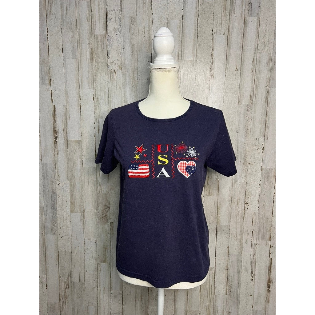 Women's Blue USA Star Patriotic T-Shirt Size Medium Petites Casual Summer