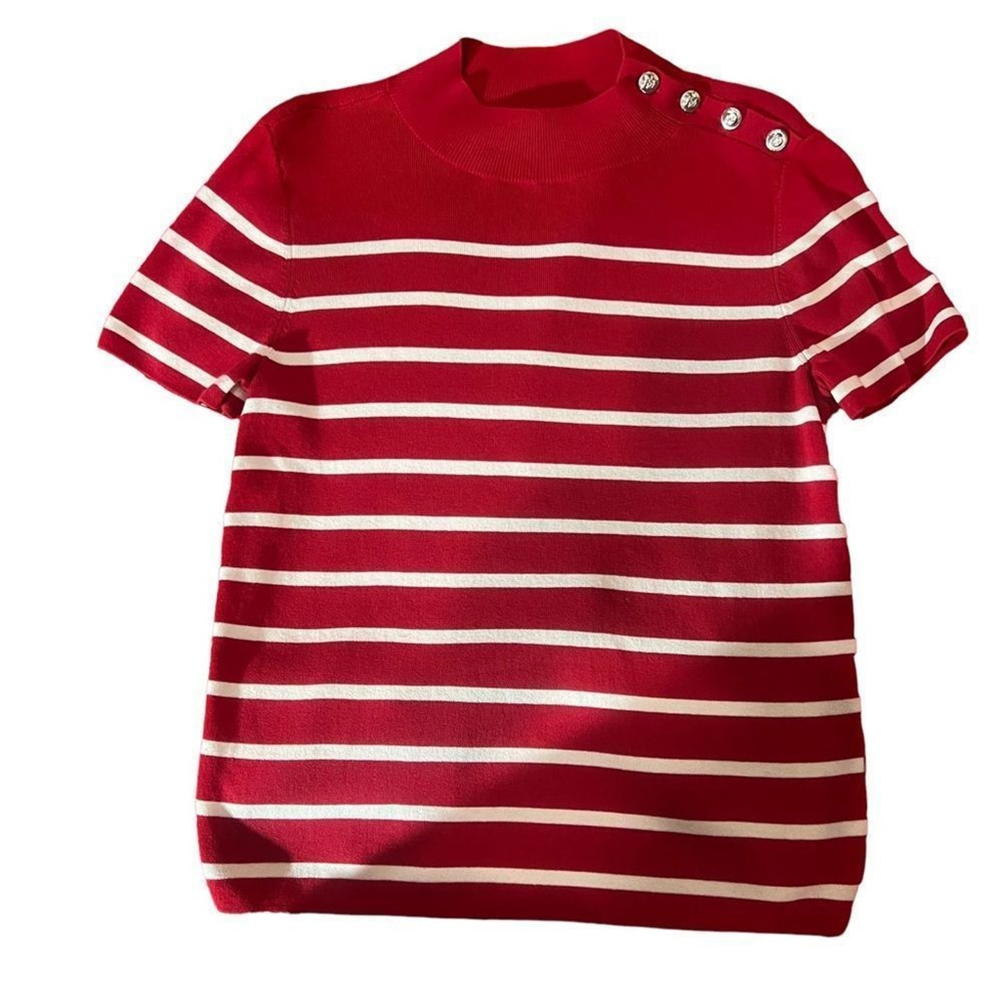 Talbots Sweater Womens Petite Large Red White Striped Mock Neck Short Sleeve