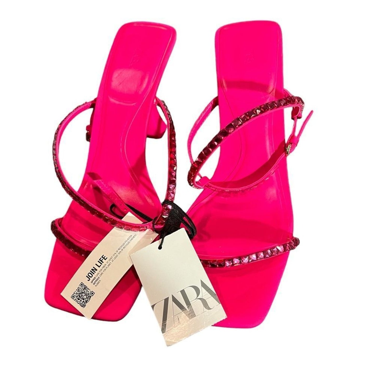 NWT Zara Womens Fuchsia Pink Rhinestone Strappy High Heel Sandals Size 10