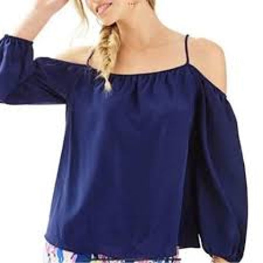 Lilly Pulitzer Womens Size Small Cold Shoulder Silk Blouse Navy Blue Long Sleeve