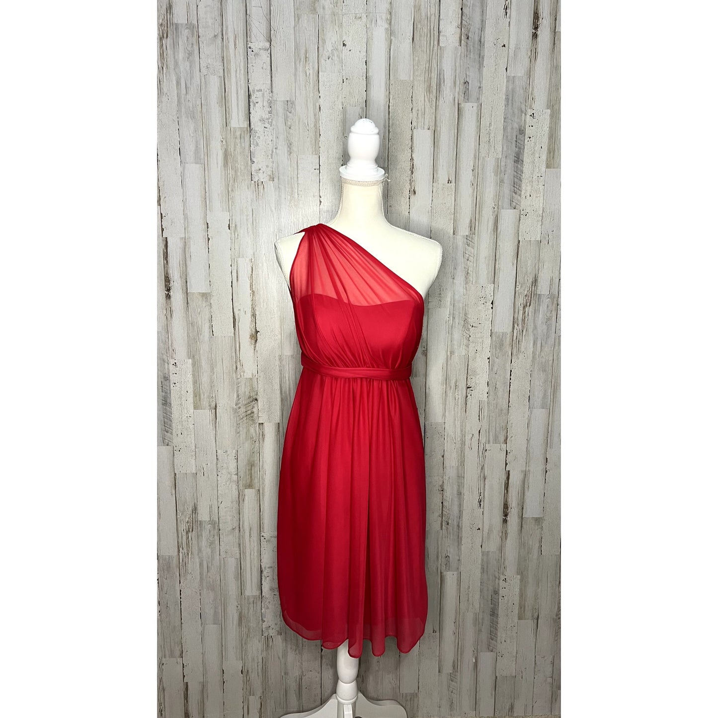 David's Bridal Women's 2 Red/Cherry One Shoulder Short Dress w/ Illusion Neck