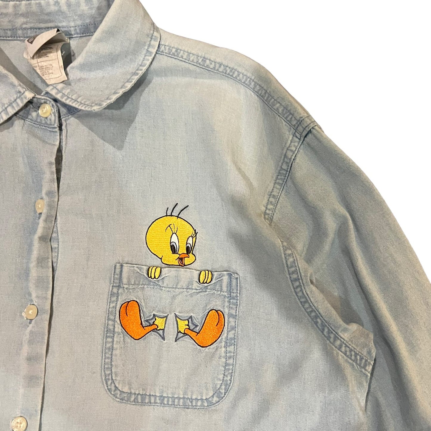 Vintage 90s Warner Bros Women's Medium Looney Tunes Tweety Chambray Button-Up