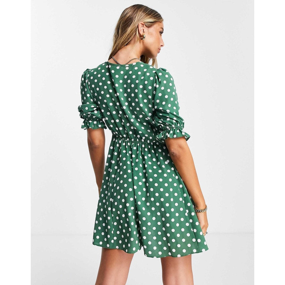 ASOS Women's Size 10 Green Polka Dot Tie Front Mini Tea Dress Short Sleeve