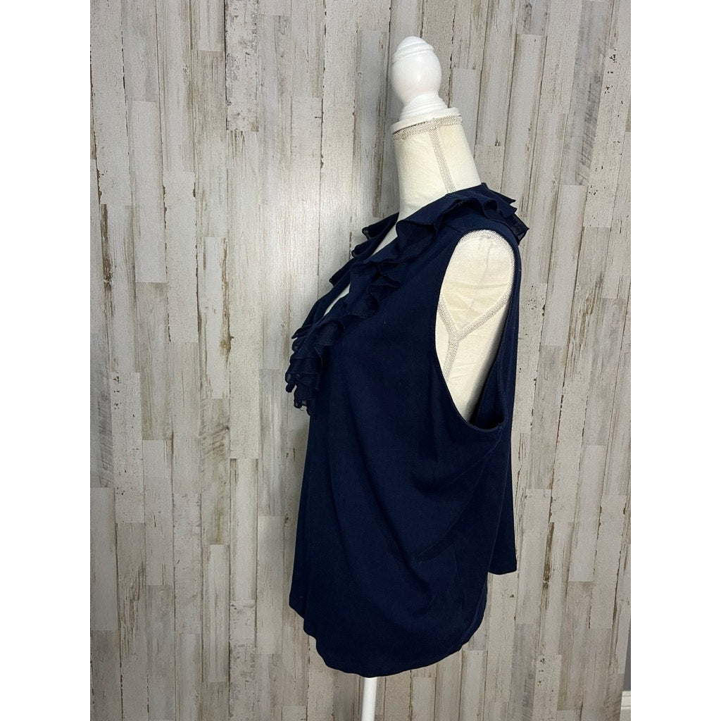 Chaps Women's 3XL Navy Blue Sleeveless Ruffle Collar Blouse Casual