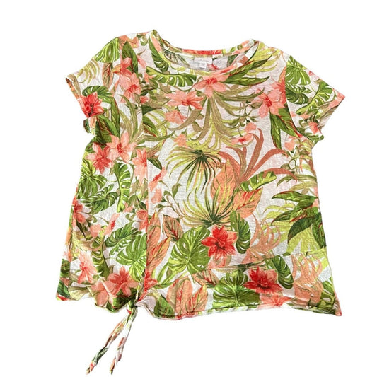 J. Jill Love Linen Tee Tropical Print Tie Front Size Medium