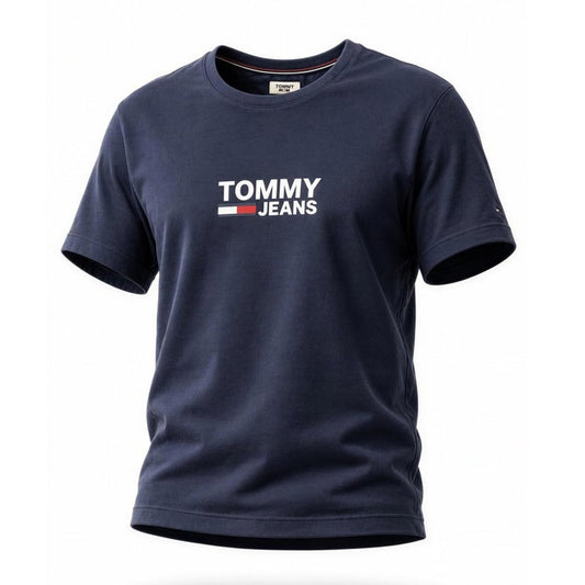 Tommy Jeans T-Shirt Womens Medium Navy Blue Logo Graphic Cropped Crew Neck