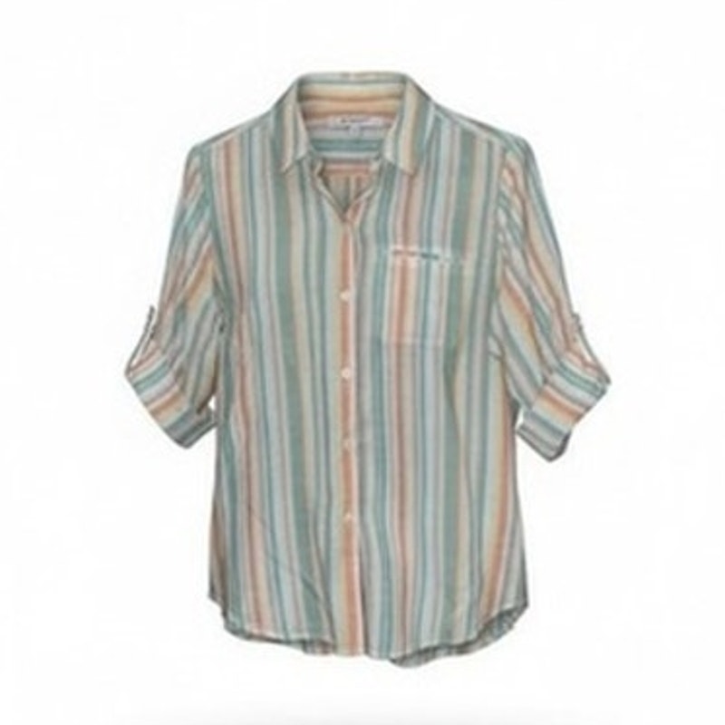 Foxcroft NYC Button-Up Shirt Womens Petite 10P Pastel Striped 3/4 Sleeve