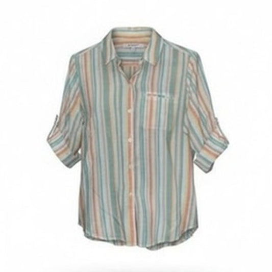 Foxcroft NYC Button-Up Shirt Womens Petite 10P Pastel Striped 3/4 Sleeve