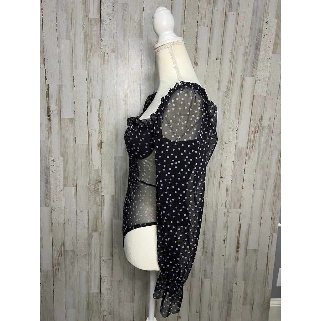 PrettyLittleThing Women's Black Polka Dot Mesh Milkmaid Bodysuit Size 4