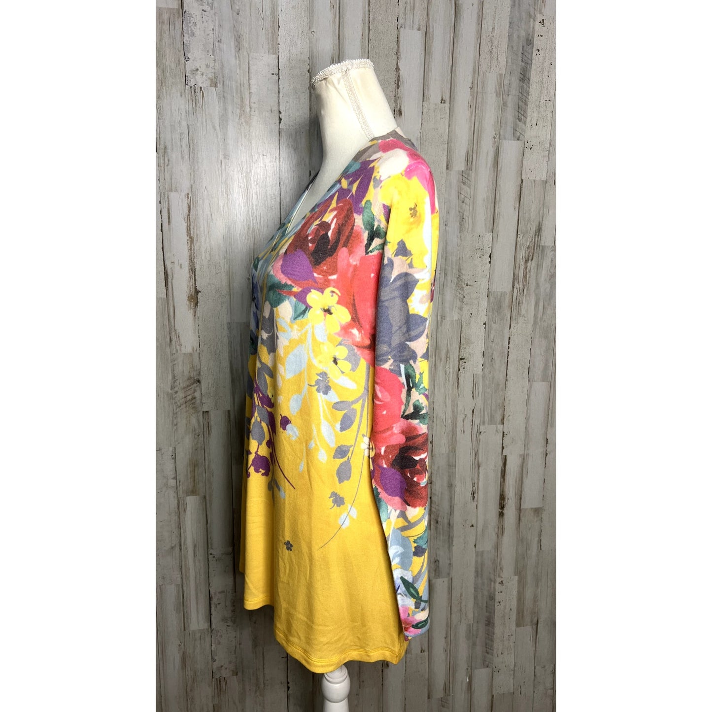 Soft Surroundings Women's Medium Yellow Floral Delphina V-Neck Tunic Sweater