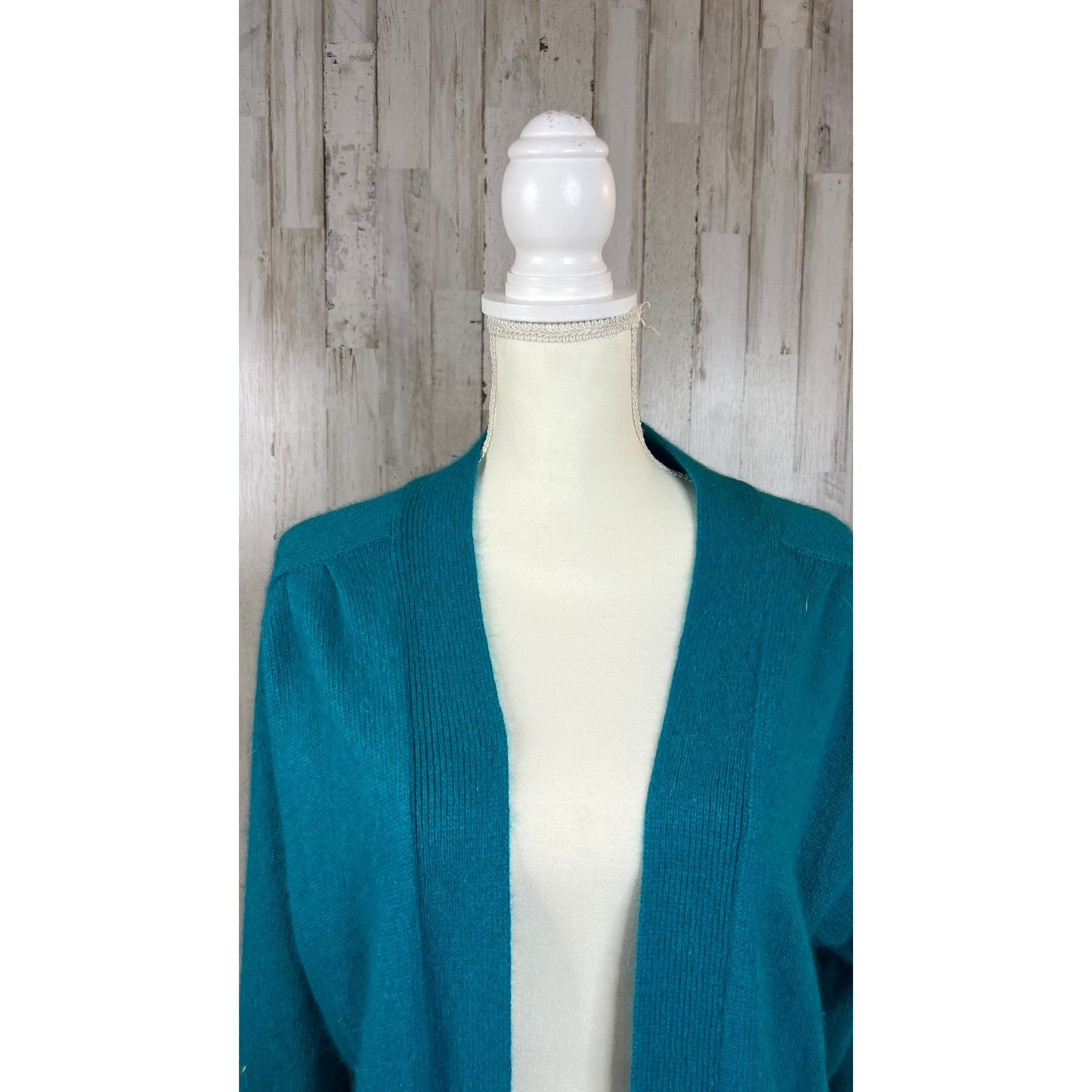 Vintage That's Me! Women's Small Silk Teal Open Front Long Knit Cardigan Sweater