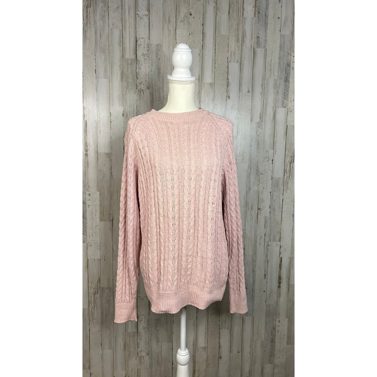 Georgios Women's Medium Pink Silk Blend Cable Knit Crewneck Pullover Sweater